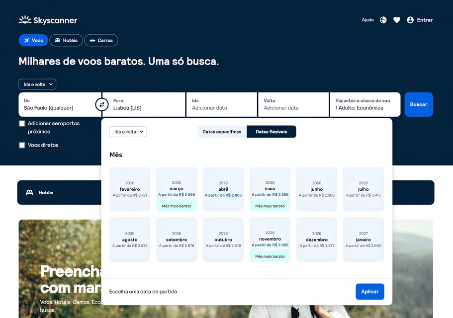 Screenshot of the "whole month" search on Skyscanner for desktop.
