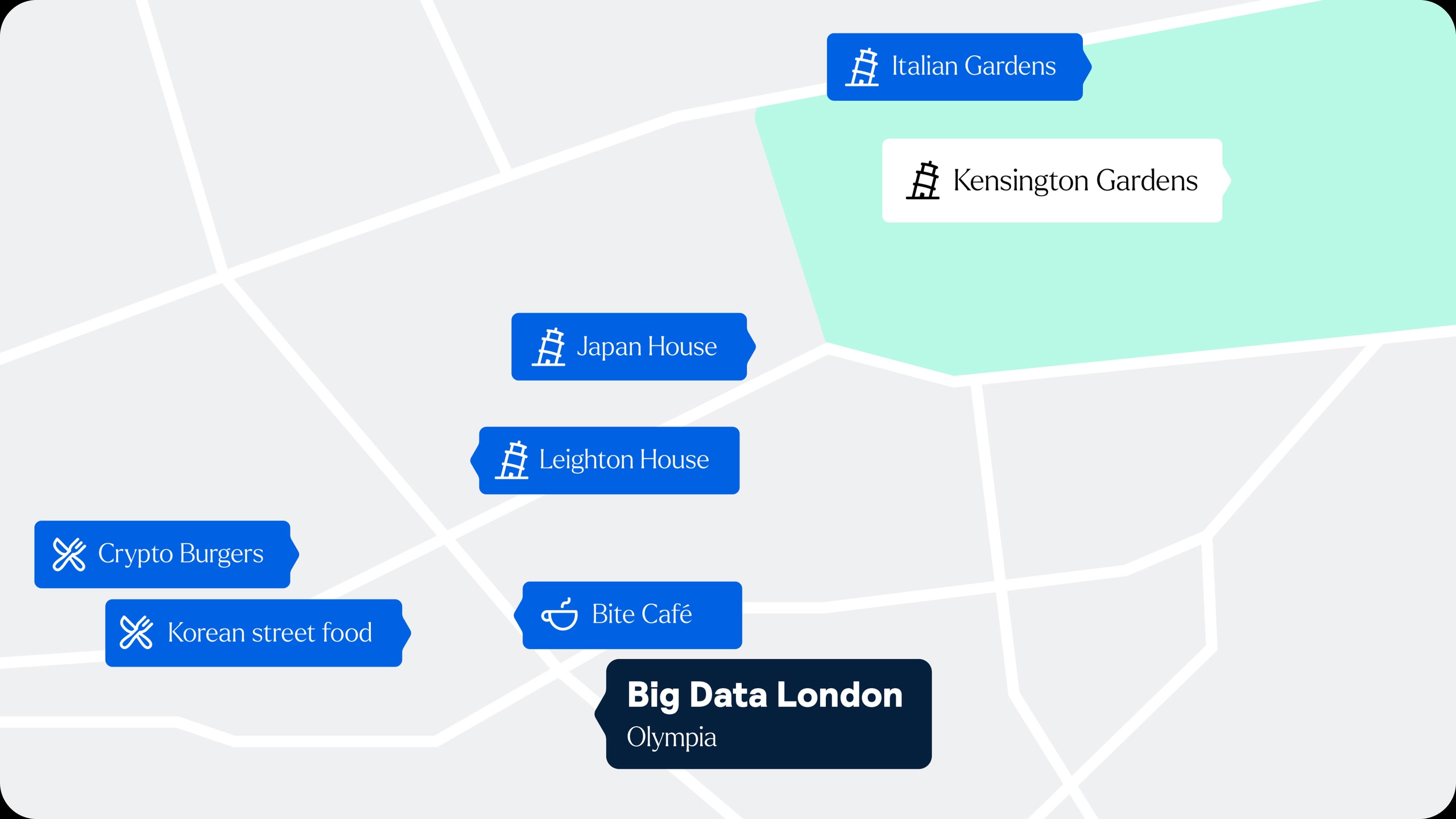 Map of the Big Data LDN venue location with nearby restaurants, coffee shops, and attractions.