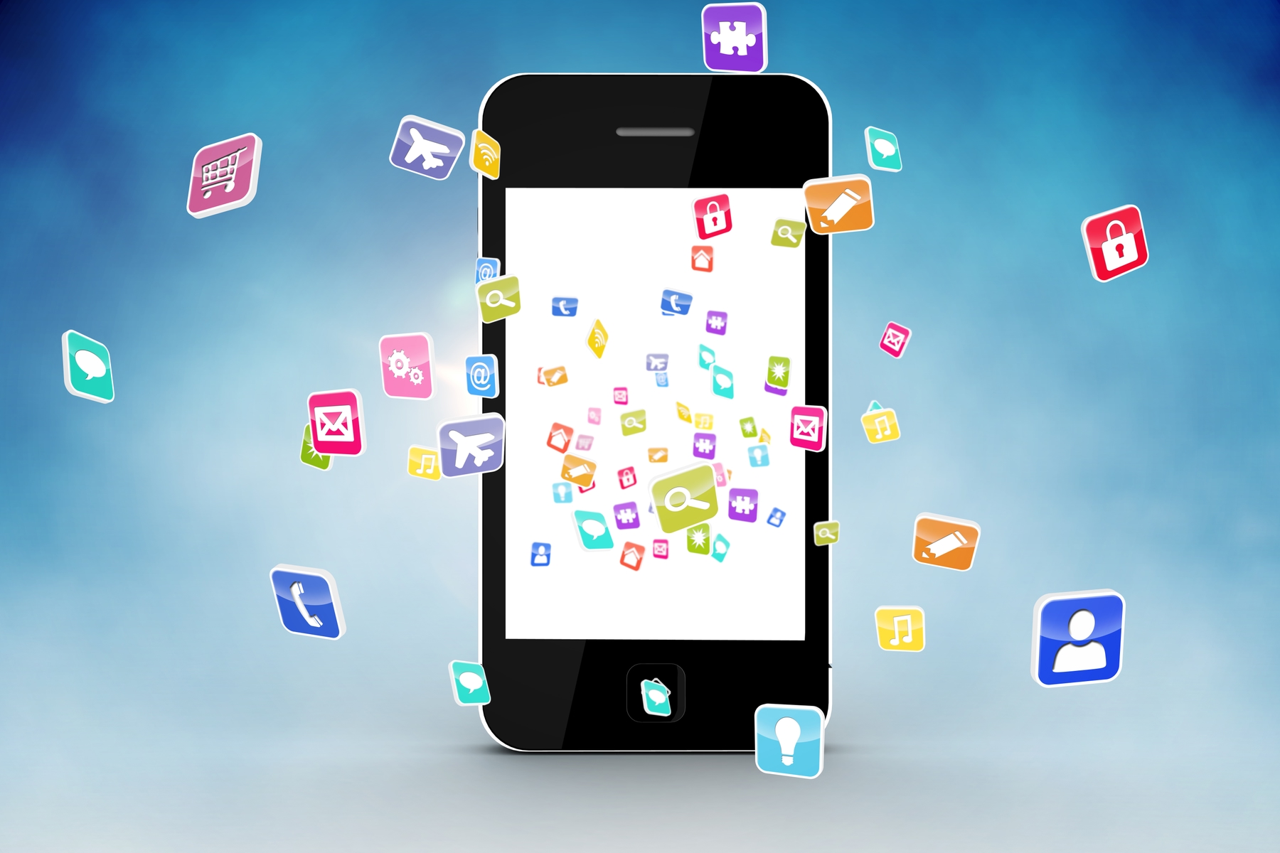 graphic of a smartphone with app icons around