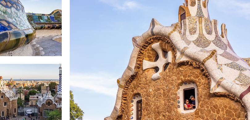 3 immagini diverse del Parco Guell da diverse angolazioni