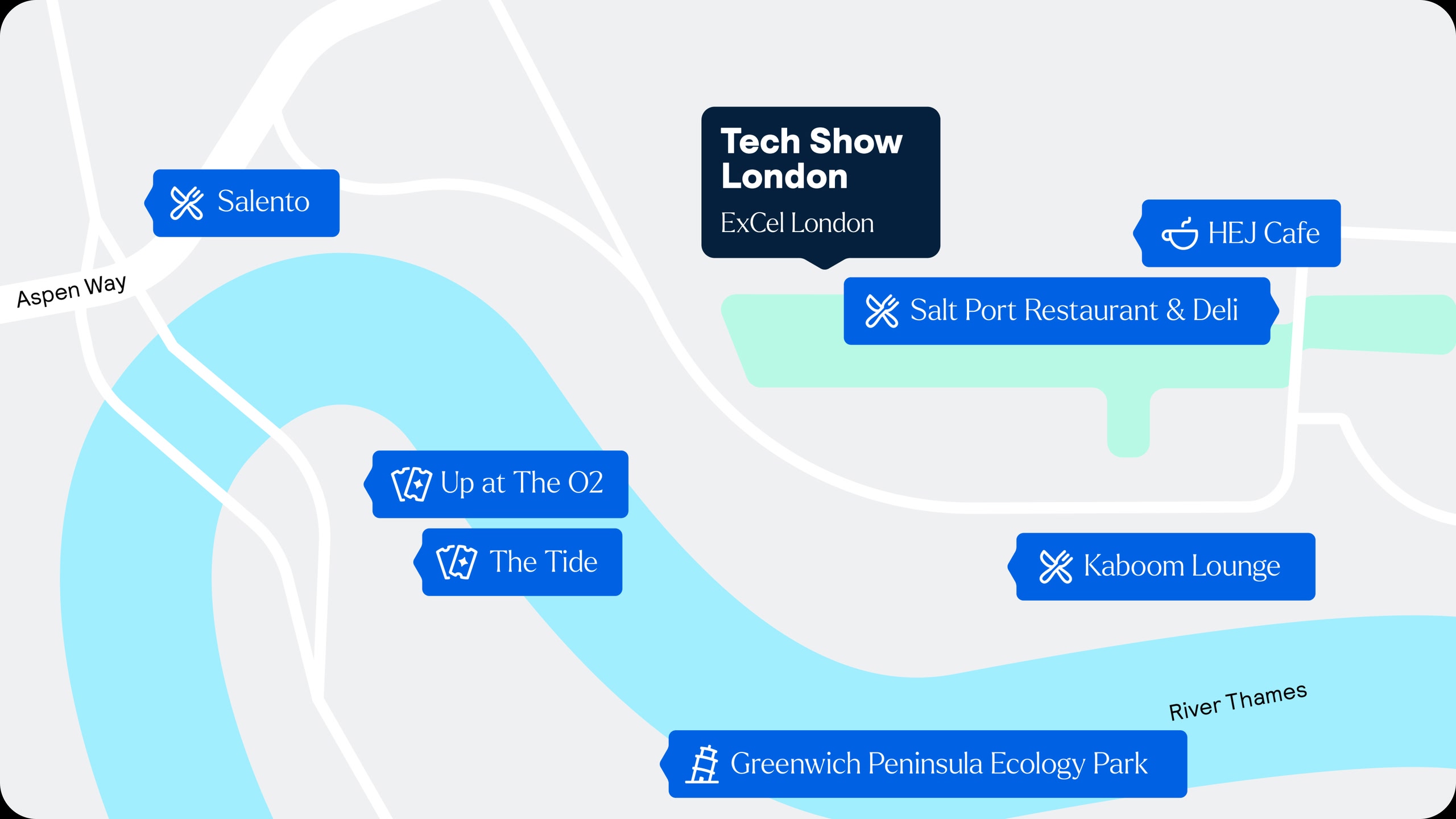 Map of the Tech Show London venue location with nearby restaurants, coffee shops, and attractions.