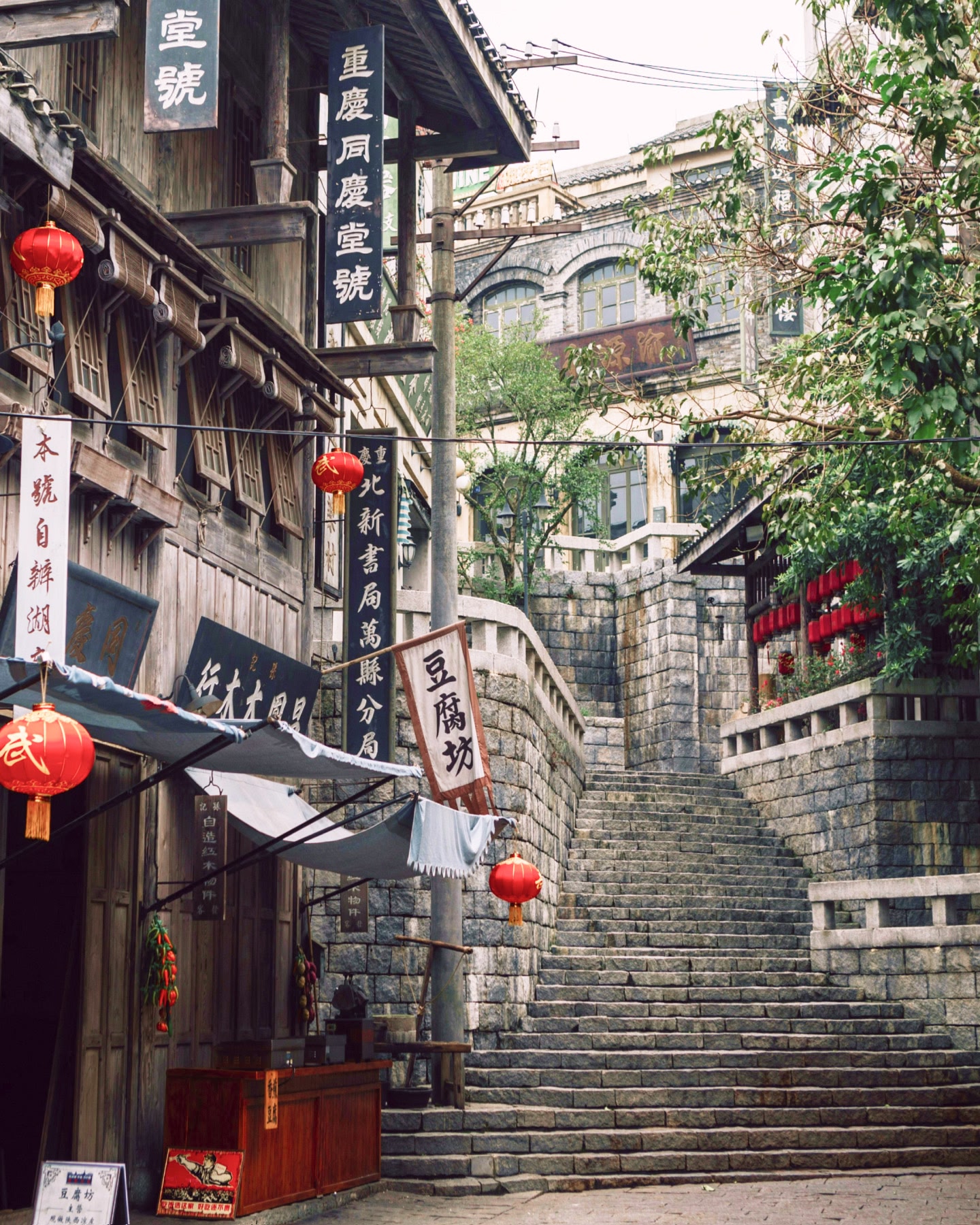 Red lantern lined staircase in Haikou China