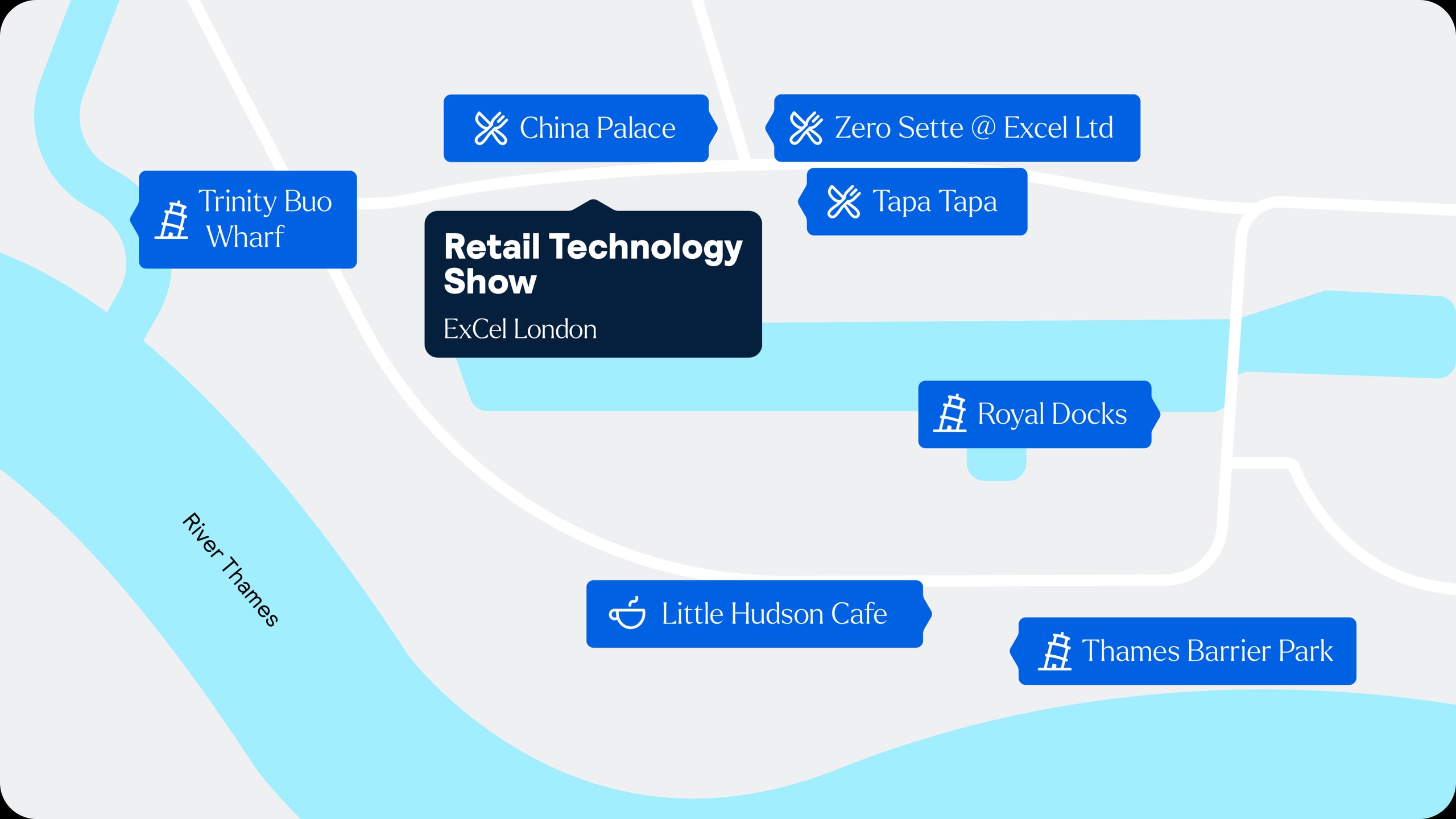 Map of the Retail Technology Show venue location with nearby restaurants, coffee shops, and attractions.