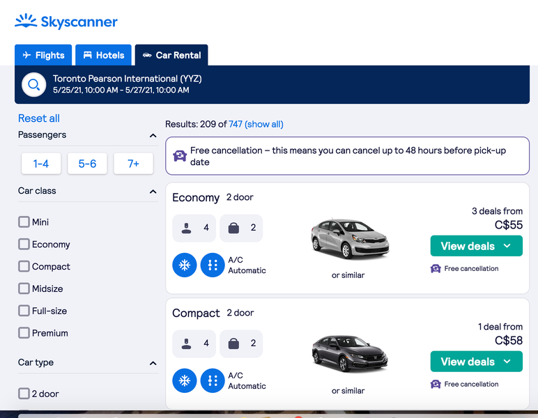 rental car booking screenshot skyscanner