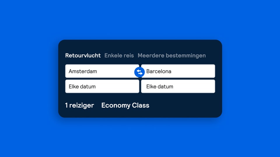 Vluchtzoekformulier met opties voor bestemming, datum en passagiers
