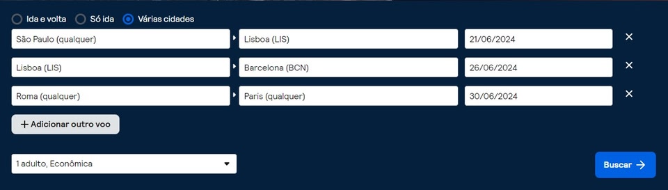 Múltiplos destinos Skyscanner