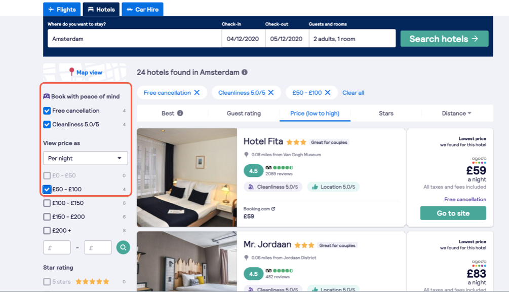 Travel safer and smarter by filtering hotels based on free cancelation and cleanliness score