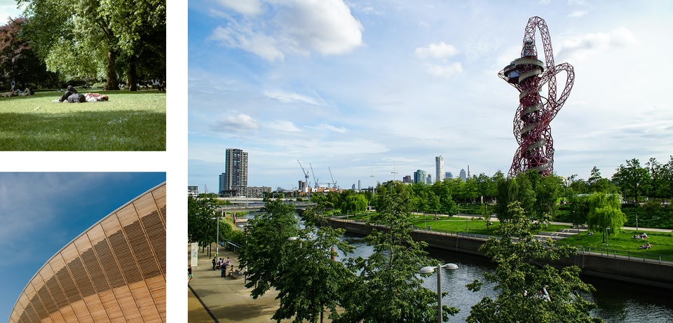 Collage of London scenes: park, ArcelorMittal Orbit, and Velodrome