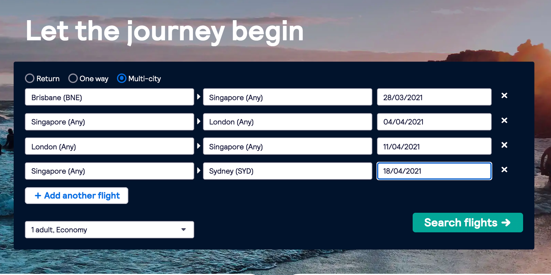 multi city flights search bar with example of multi city flight route