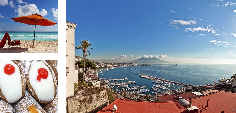 un ombrellone in spiaggia, una meravigliosa vista su Napoli e dei cannoli