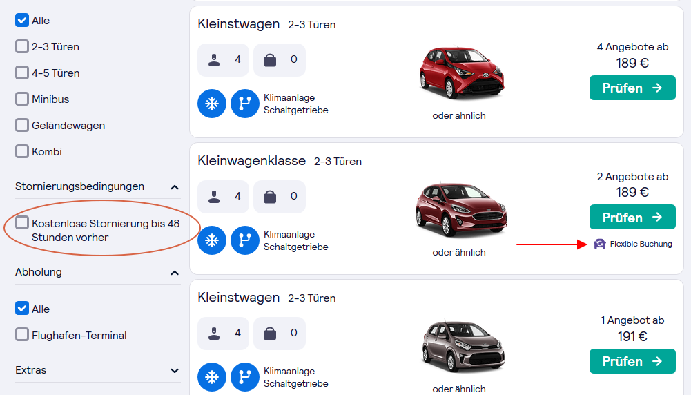 Mietwagen kostenlose Stornierung
