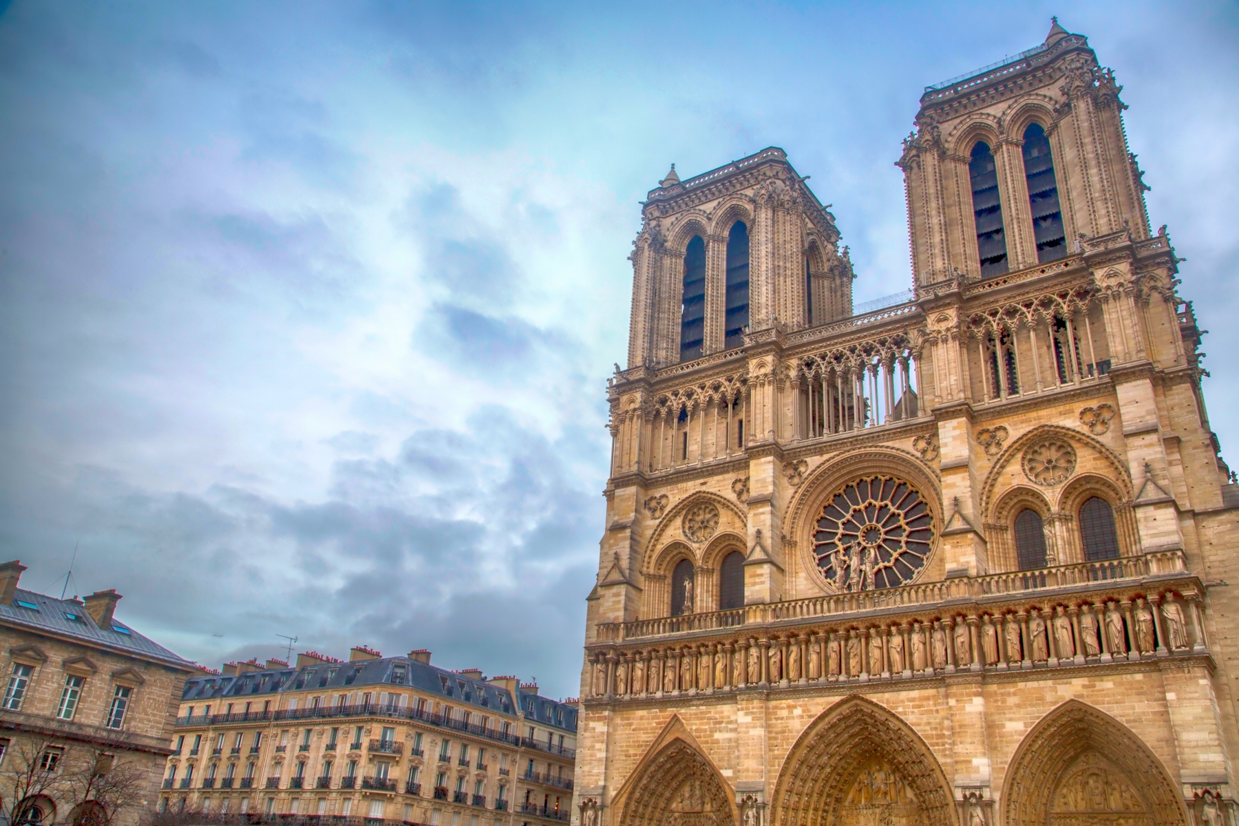 View of the outside of Paris' Notre Dame Cathedral.
