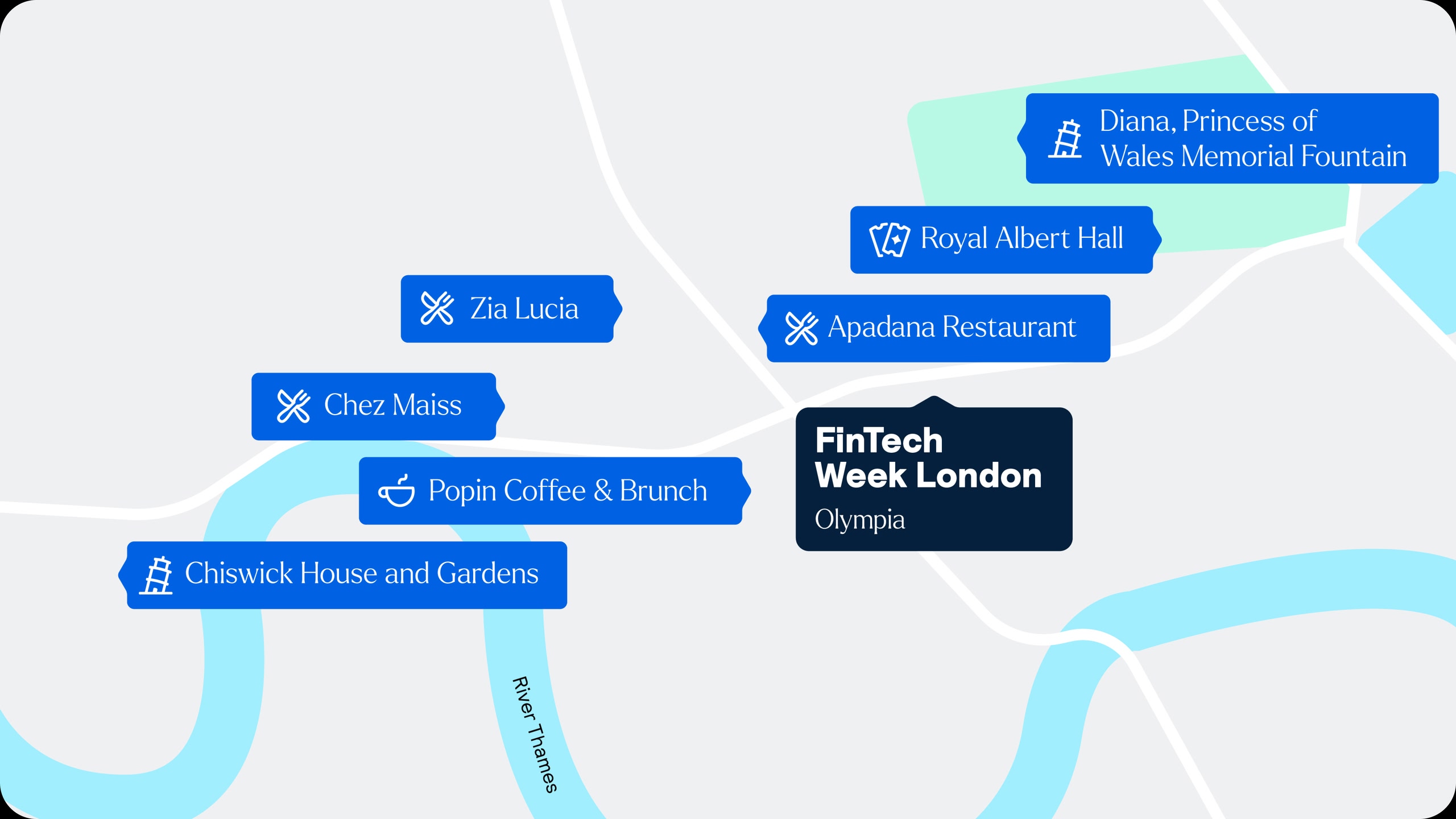 Map of the FinTech Week London venue location with nearby restaurants, coffee shops, and attractions.