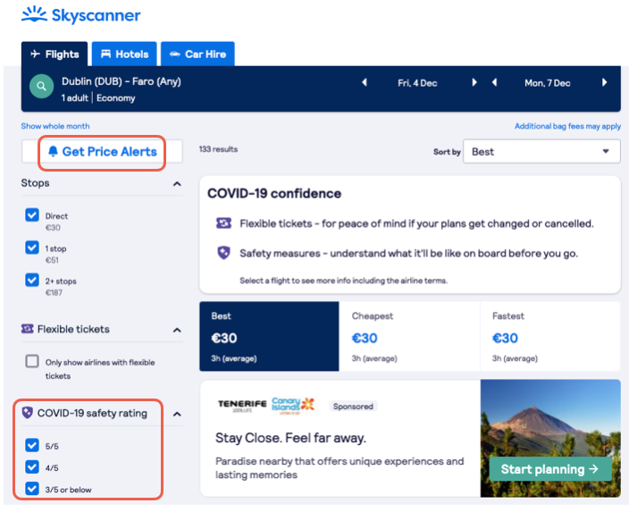 Get price alerts on the Skyscaner website