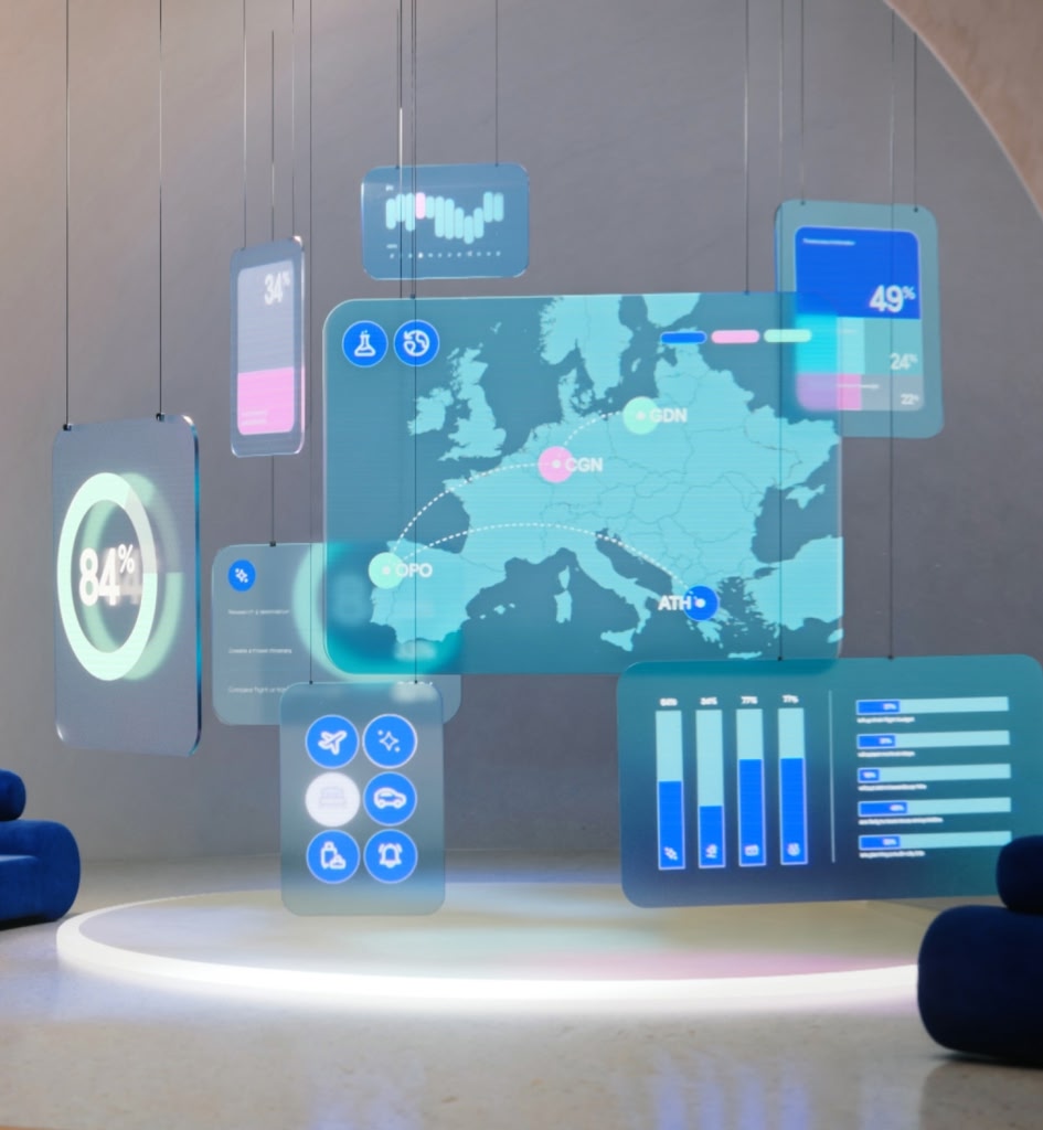 Futuristische Hologramme mit Karten, Statistiken und Symbolen, die die Zukunft des Reisens zeigen.