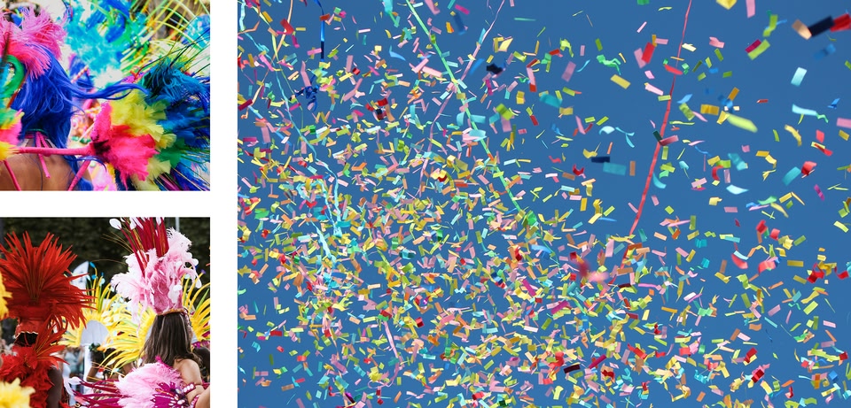 A vibrant collage of images depicting a festive celebration, featuring colorful feathered costumes and a shower of confetti against a bright blue sky.