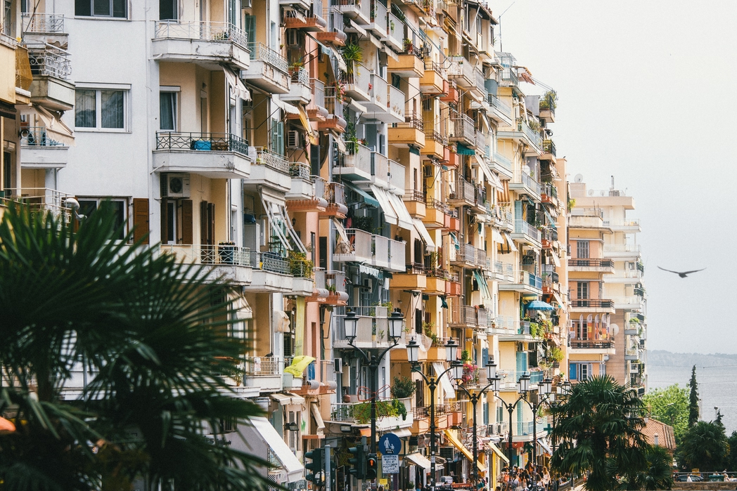 Colourful Houses on Dimitriou Gounari street. The street is an ancient, pedestrian area with cozy cafes, shops. Top things to do in Thessaloniki