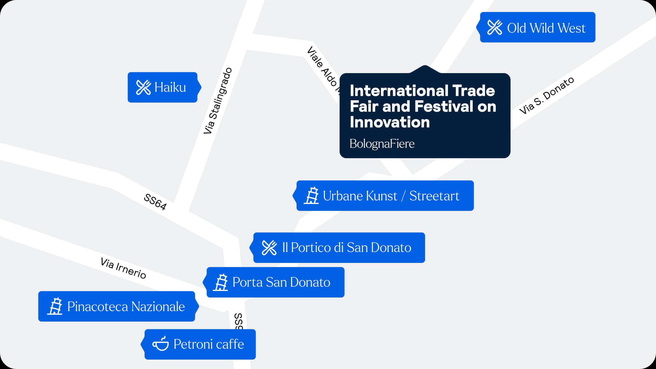 Mappa che mostra la sede del International Trade Fair and Festival on Innovation, insieme ai ristoranti, caffetterie e attrazioni nelle vicinanze.