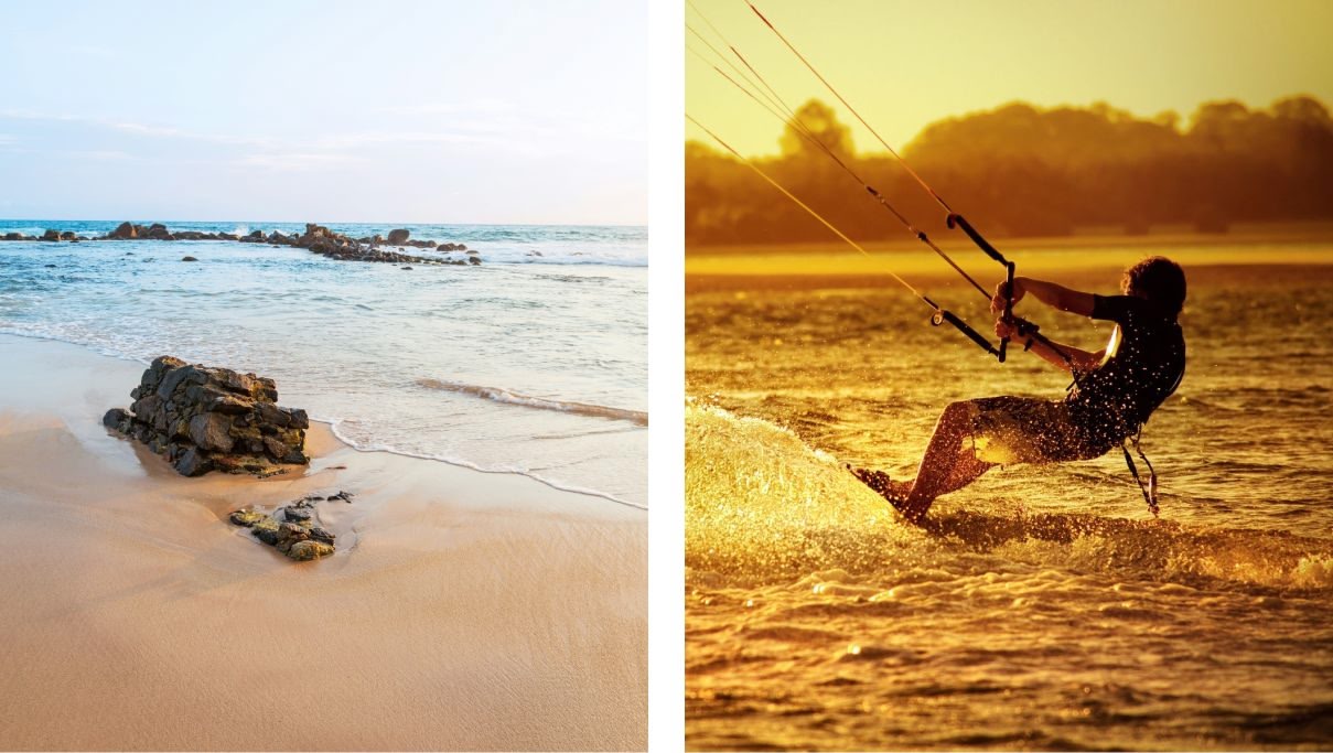 A person surfing during sunset time and some rocks by the seashore during daytime.