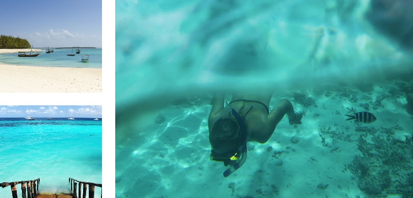 3 different images of the sea, beach and someone snorkelling