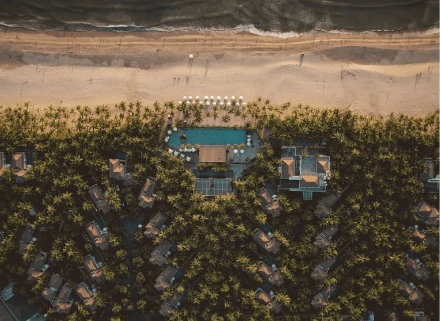 An areal, top down shot of a luxury hotel in Da Nang