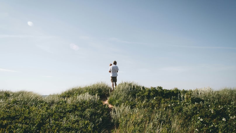 An artistic image of an adult holding a child while walking to a natural beach.