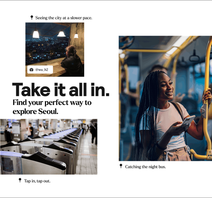 A lively collage showcasing diverse scenes of Seoul, capturing the various ways to explore and travel through the city.