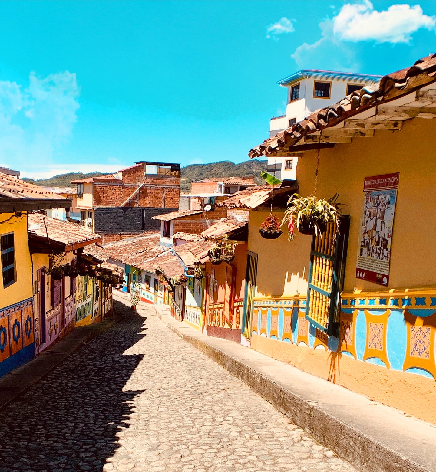 Casas pintadas de colores brillantes se alinean en una calle adoquinada bajo un cielo despejado en Bogotá, Colombia.