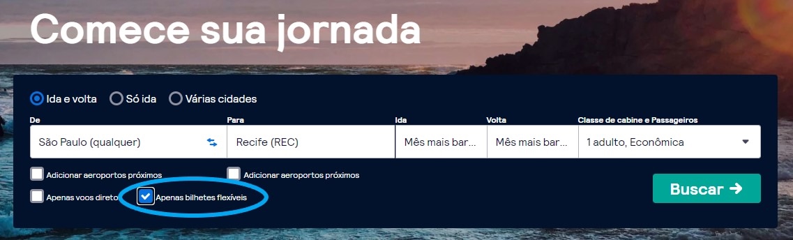 Página inicial de buscas de voos com destaque para a possibilidade de reservas flexíveis.