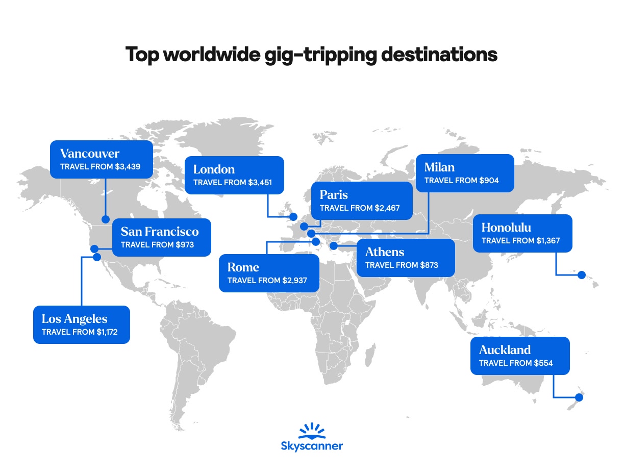A map showing the top worldwide gig-tripping destinations. 
