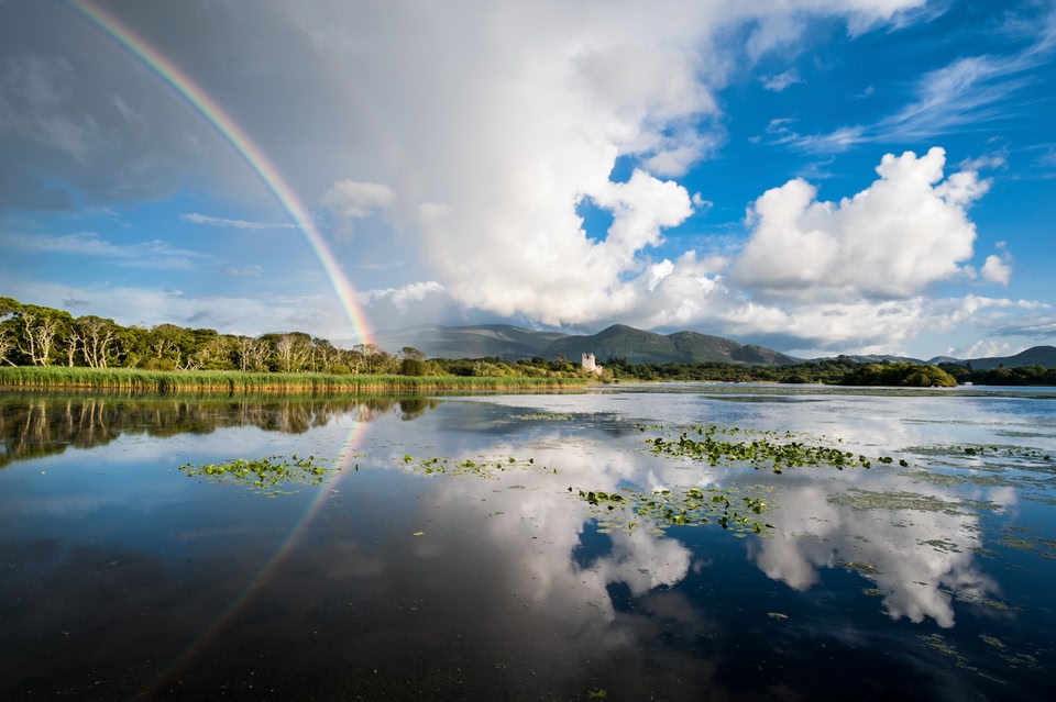 Muckross Lake in Co. Kerry in Ireland reflecting the trees and clouds.