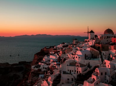 Aerial view of Santorini landscape showing it's beautiful warm tones
