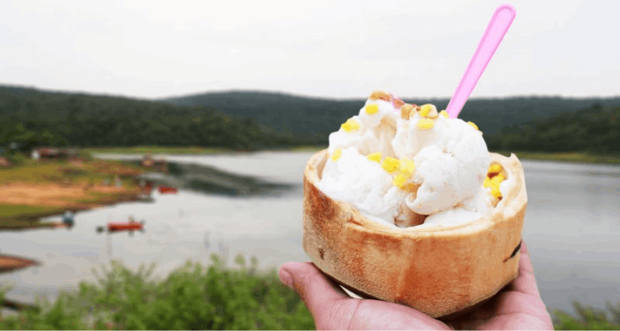A shot of a hand delicately holding a small tub of ice cream, poised against the backdrop of a serene lake,