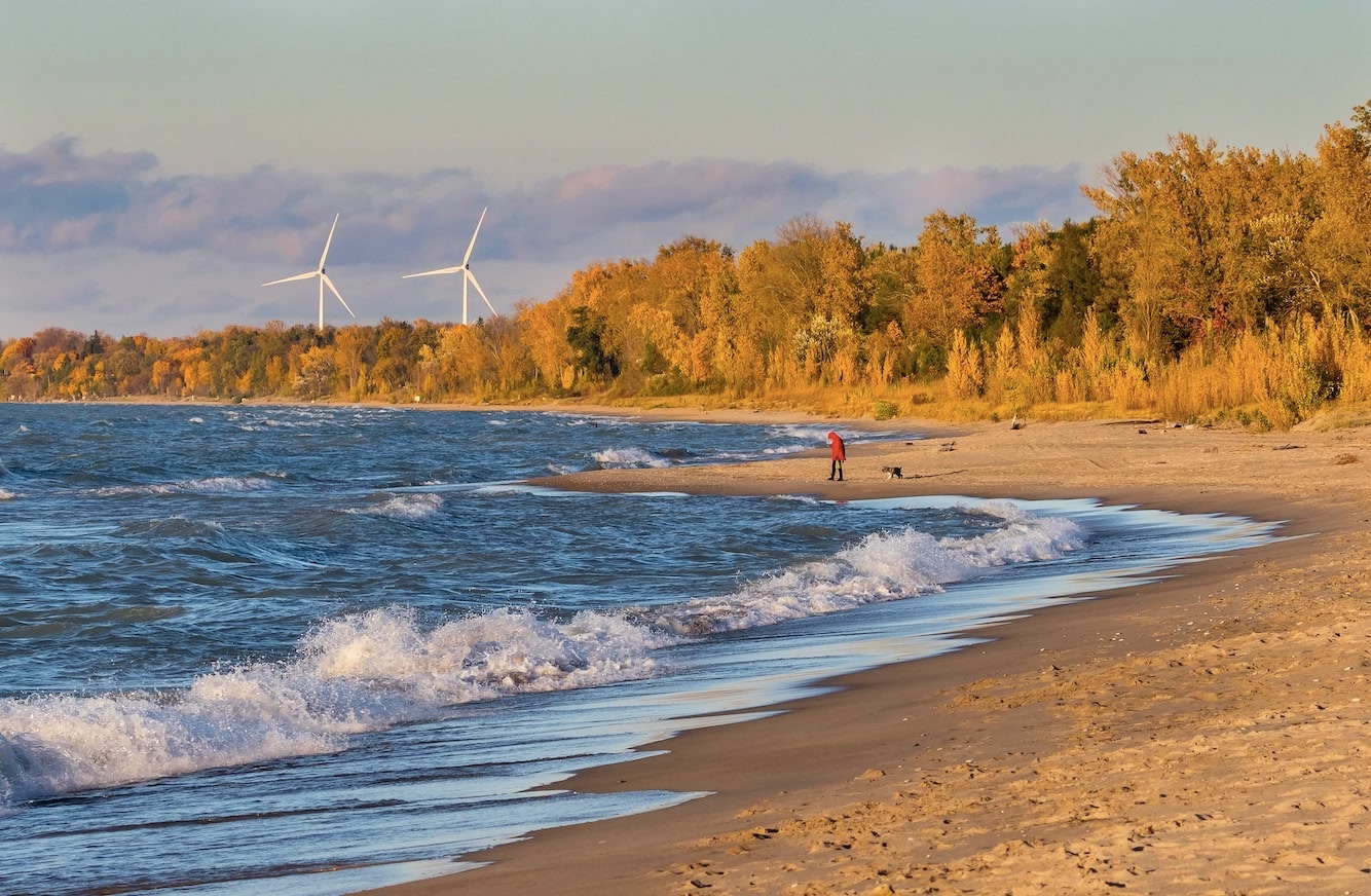 waves at Grand Bend Beach in Ontario, Lake Huron. Wind turbines in the background and person with their dog walking along the beach in the distance. 