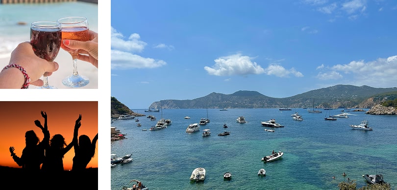  delle sagome di persone che ballano al tramonto, vista su un porto con delle barche e due mani che tengono dei cocktails davanti al mare.