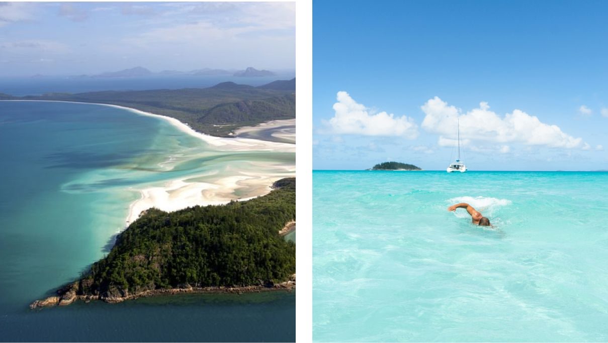 Images of seascapes and a person swimming