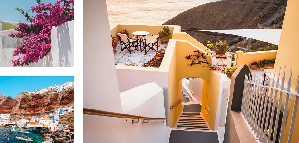  Collage of images depicting the architecture and scenery of Santorini, Greece. Features whitewashed buildings, vibrant flowers, and a coastal view