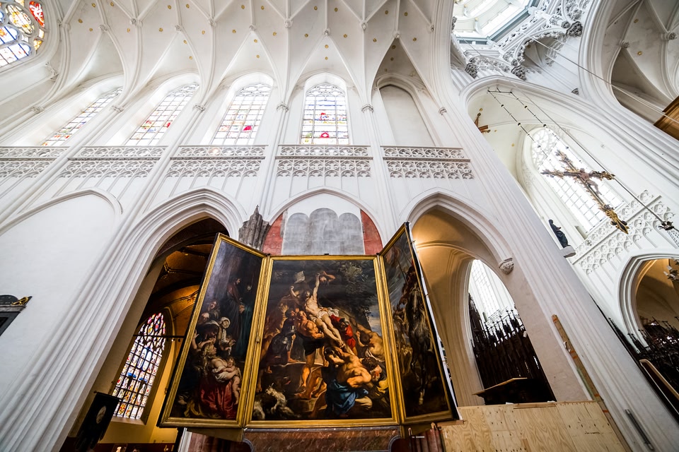 The Elevation of the Cross altarpiece by Peter Paul Rubens, on display at the Cathedral of Our Lady in Antwerp.