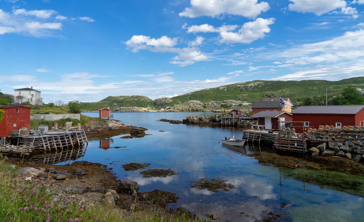 tiny houses by the fishing docks in Eastport, central Newfoundland