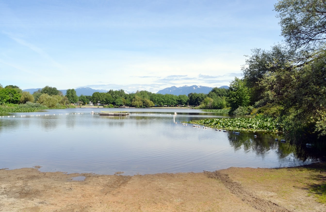 view of Trout Lake freshwater beach in Vancouver.