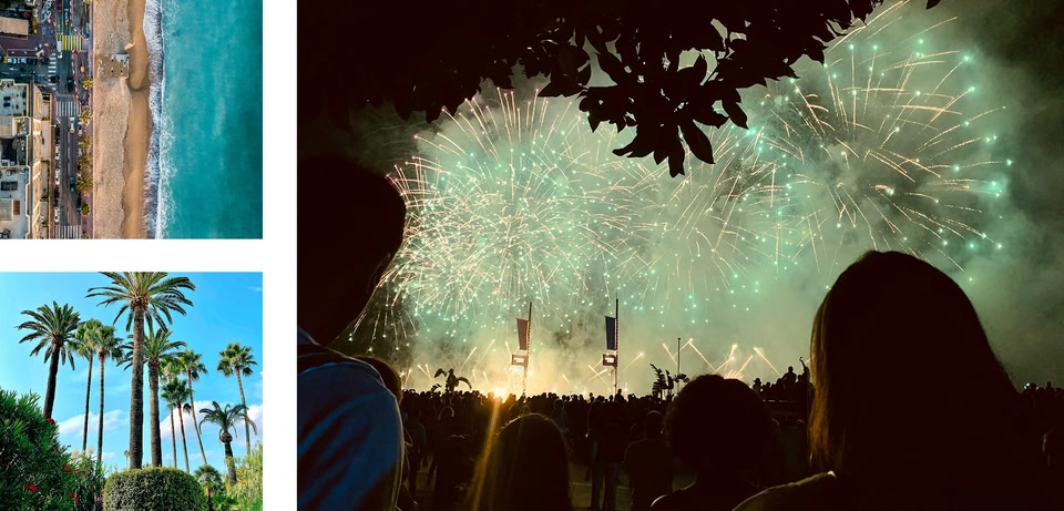 Scene dalla celebrazione di Cannes, tra cui una bellissima spiaggia, un bellissimo posto di mare e uno spettacolo pirotecnico.