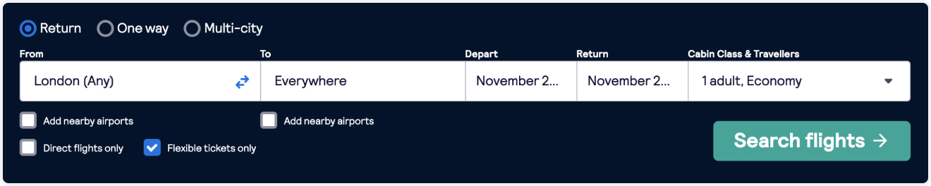 Search button Skyscanner flight bar