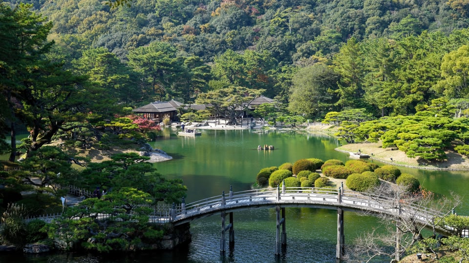 Autumn scenery of the Japanese garden in Ritsurin park overlooking from the observatory at Kagawa pref.