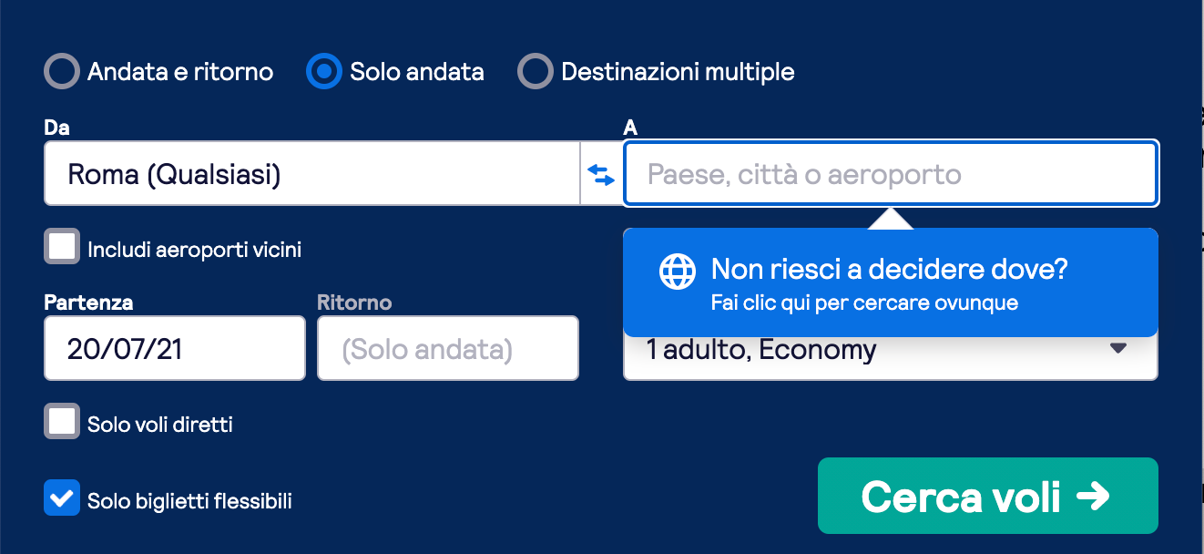 Funzione Ovunque Skyscanner