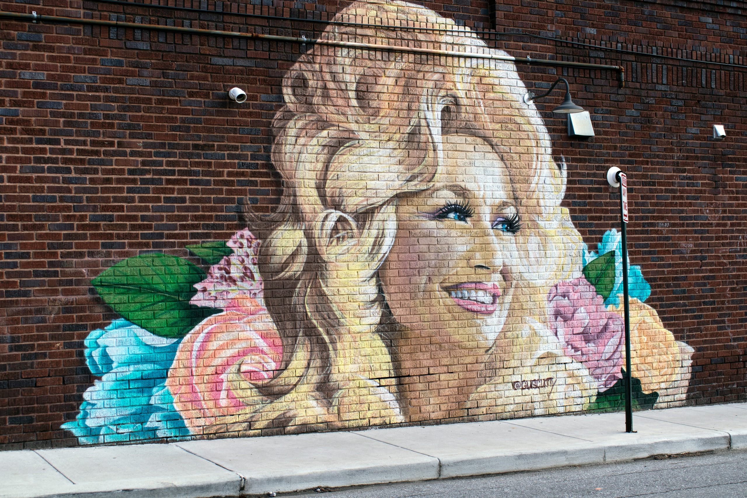 Realistic graffiti art of Dolly Parton on a brick wall.
