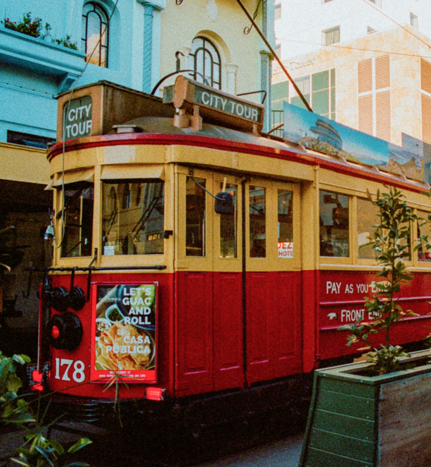 Red and yellow tram in Christchurch New Zealand
