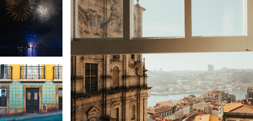 3 images, one is of fireworks on water at night, another is a street view of a yellow building with green tiles and the other is a city view in the day of old buildings 