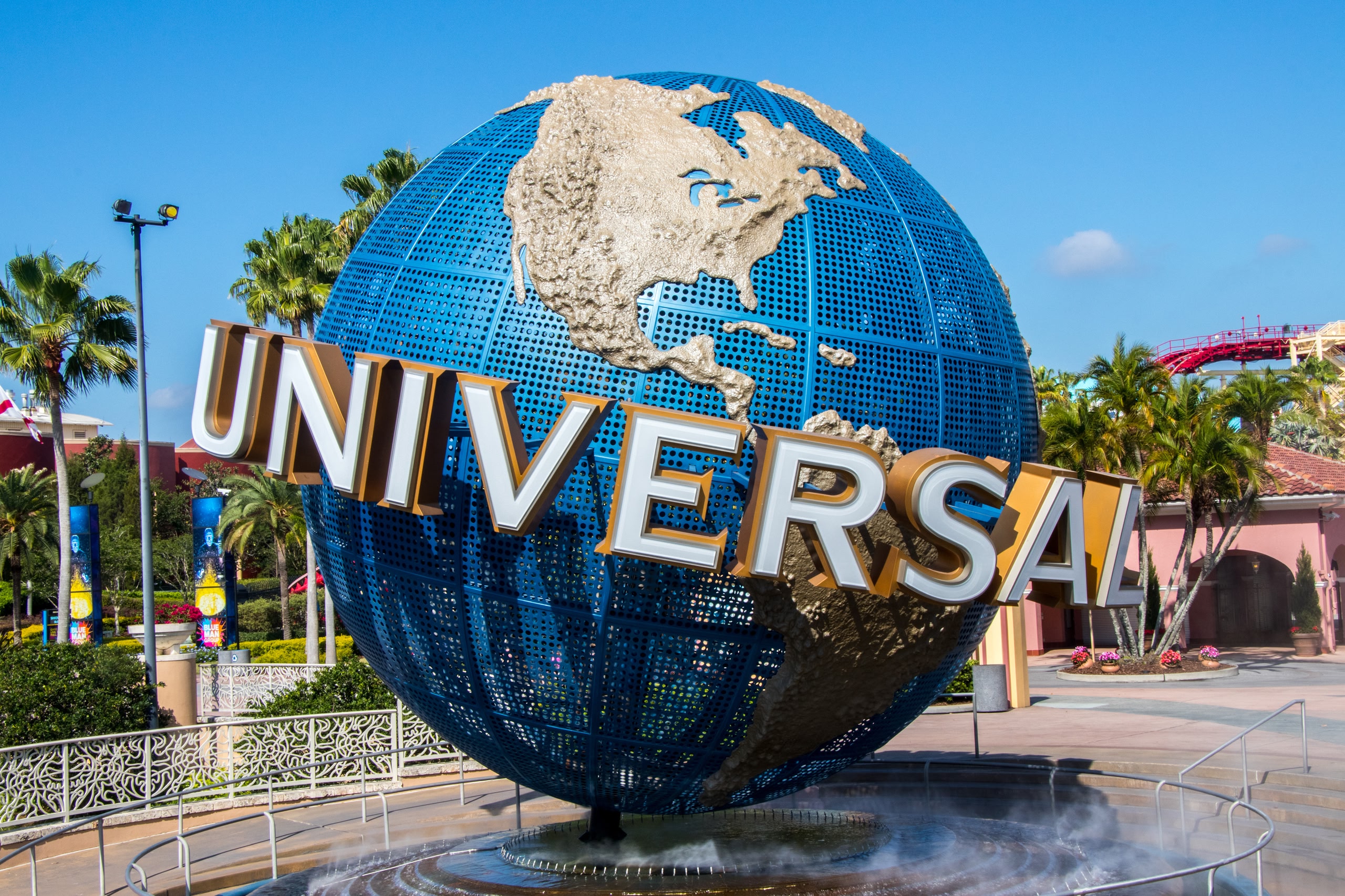 The Universal Studios globe sign at entrance of the park in Orlando, Florida.