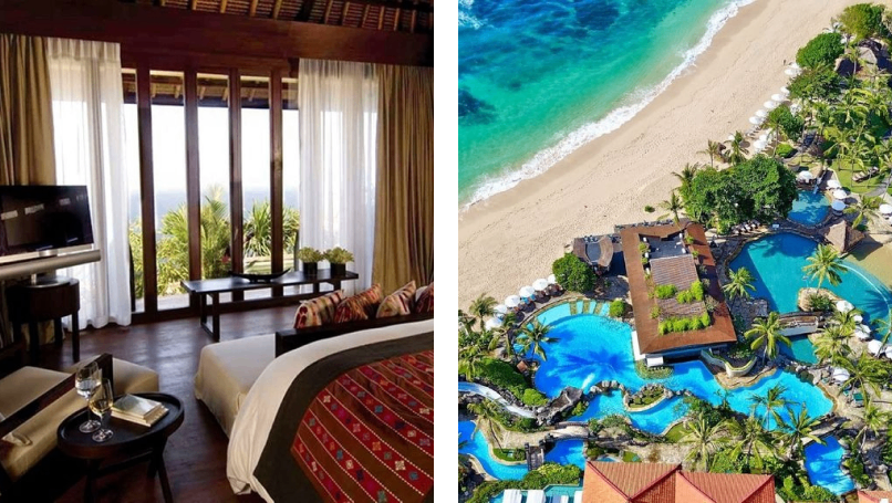 Indulge in the ultimate luxury experience with this split image. On the left, you'll see a stunning view of a luxurious apartment room that exudes comfort and elegance. On the right, enjoy a breathtaking birds-eye view of a beach resort, perfectly situated for an unforgettable vacation.