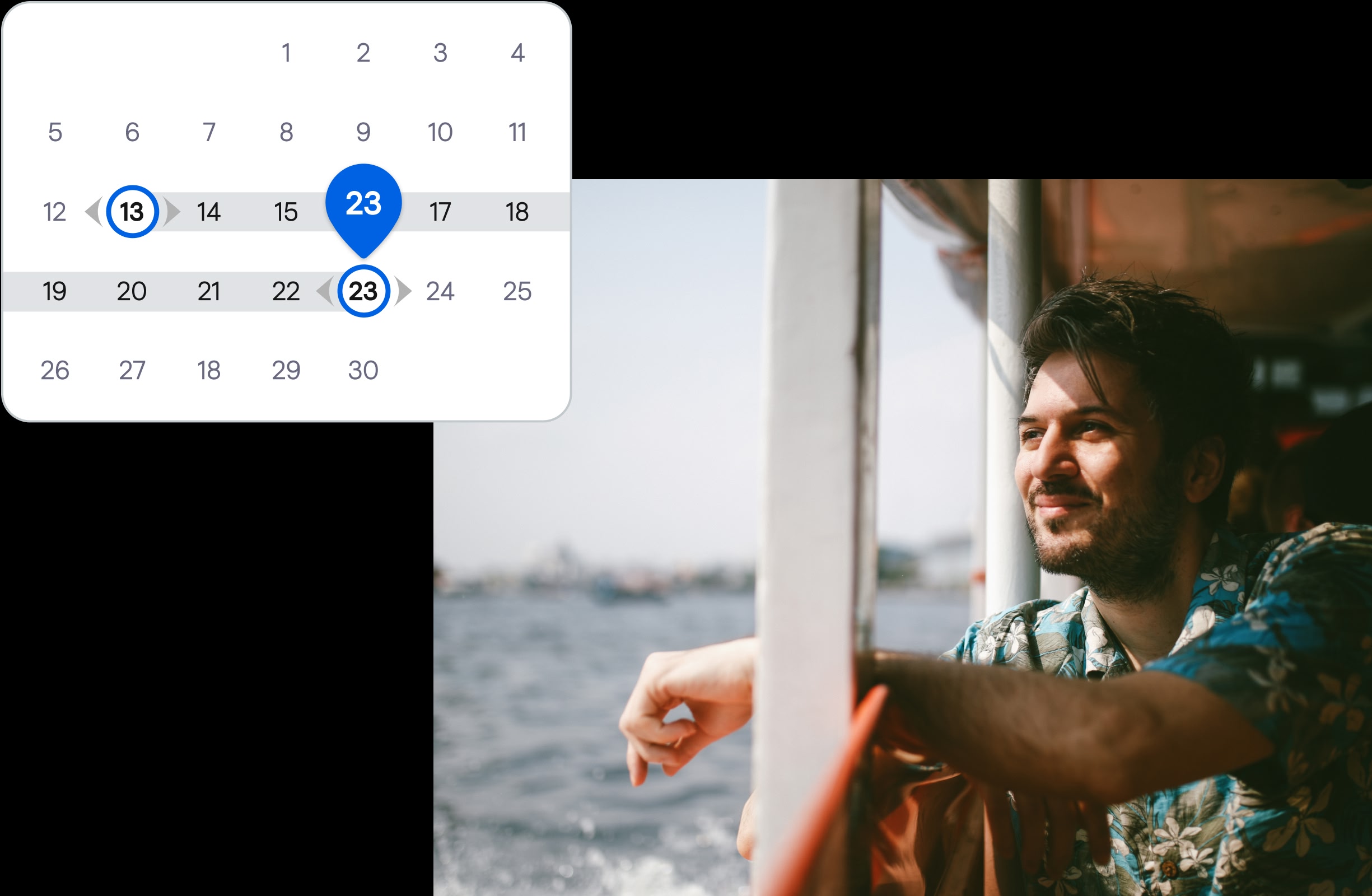 Montagem de um calendário sobre uma foto de um homem sentado em um barco pequeno olhando o mar. Veja como a ferramenta mês inteiro auxilia nas suas ideias de viagens.